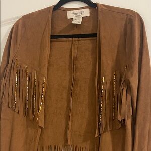 American Rag Tan Fringe Jacket with Beaded Accents